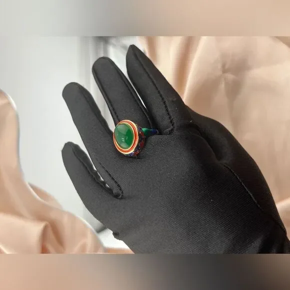 Enamel Ring with Green Stone in Oriental Style - Picture 7 of 10